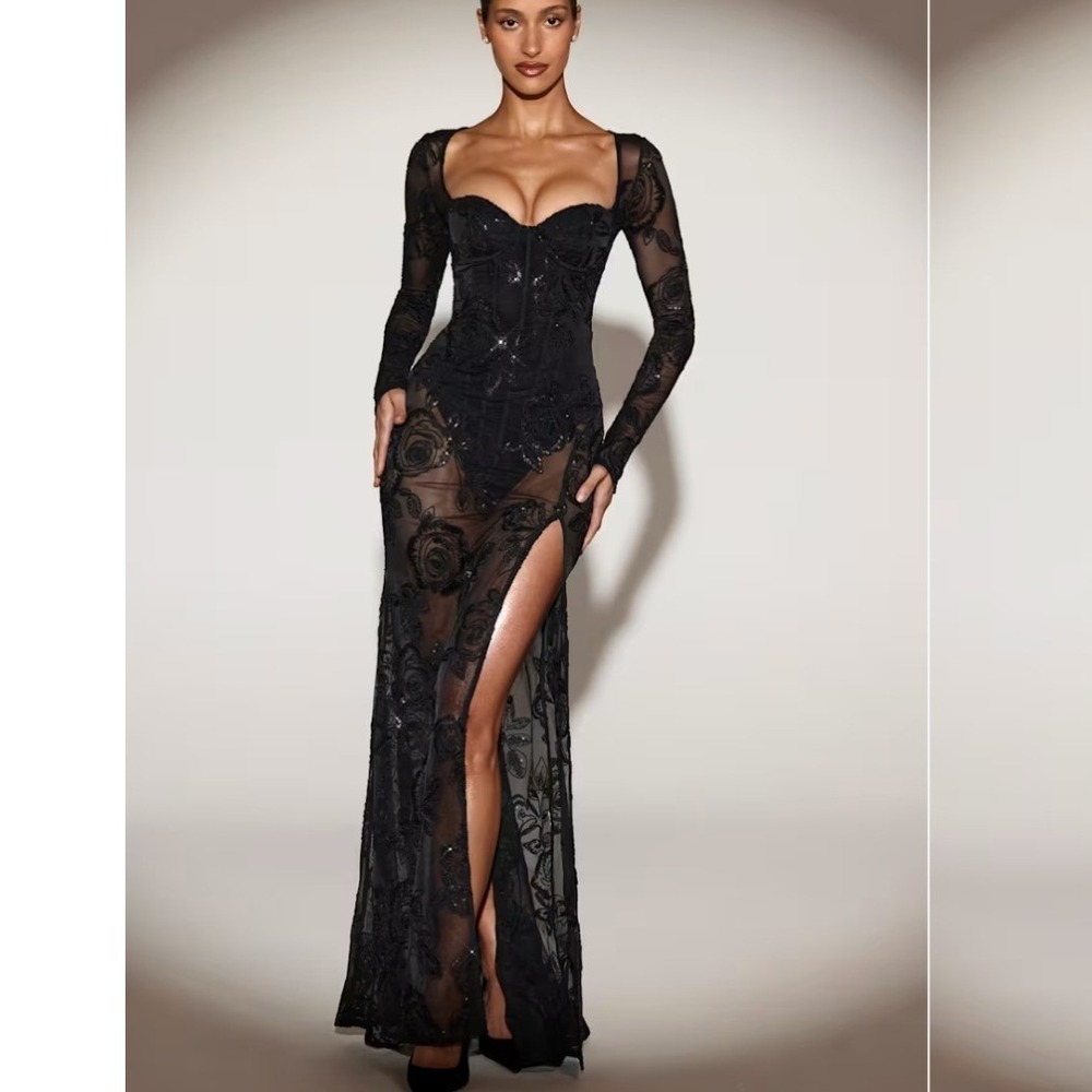 Oh Polly Nazara Black Sheer Embellished Bodysuit Sz 8 Corset Maxi Gown Dress NEW